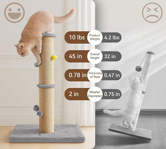 5-Inch Thick Sisal Cat Scratching Post, 36" Tall Cat Scratch Tower with Top Platform and Extra-Stable 20.8×15.9" Base, Durable Cat Scratcher for Indoor Cats, Gray