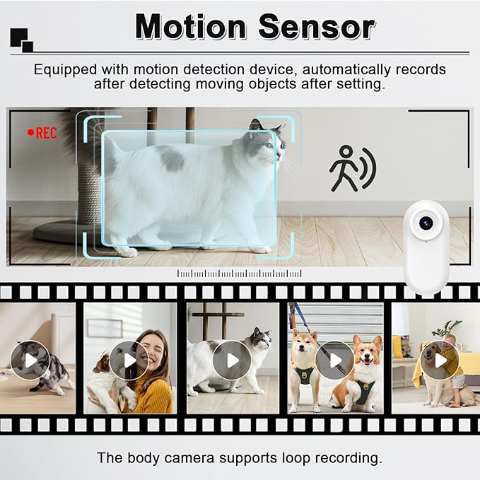 Thumb Body Cam 1080P HD Video Recorder Pet Camera Collar with Wireless Charging Dock – Mini Action Sports Cam, Motion Detection 1.47'' Screen Magnetic Mount Small POV Camcorder for Dogs & Cats