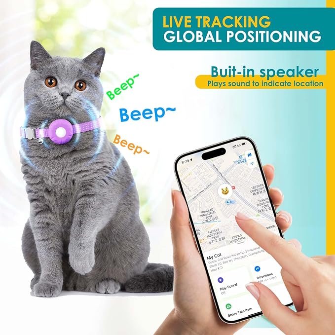 Cat Tracker, GPS Tracker Compatible with Apple Find My App(Only iOS), Waterproof Cat Tracker Collar with Bell and Safety Elastic Buckle, No Monthly Fee Pet Trackers for Vehicles, Pets, Kids (Purple)