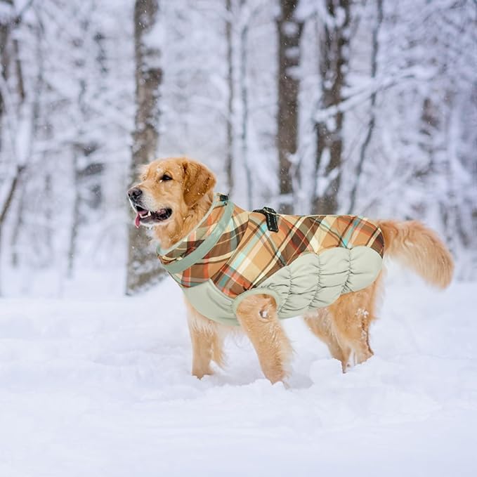 Lelepet Warm Dog Winter Coat Dog Coats for Large Dogs Waterproof Dogs Jacket with Harness Built in Reflective Cold Weather Coats Zip-Up Winter Fleece Vest Snowsuit Boston Terrier Brown Plaid L
