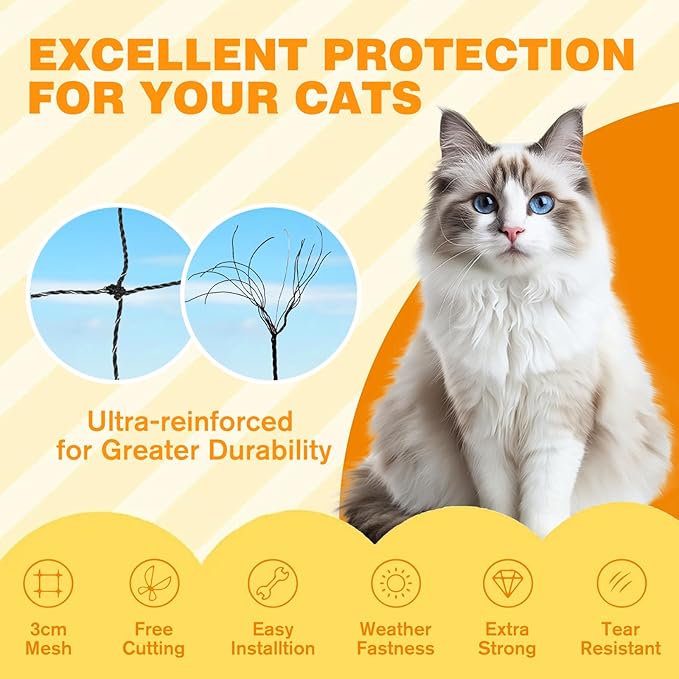 Steel Reinforced Cat Netting for Balcony Anti-Fall Fence Safety Net, Extra Strong Cat Net for Catio Safety Cat Balcony Netting for Pets Cat Proof Screen Pet Net Cat Balcony Protection Barrier10FTx20FT