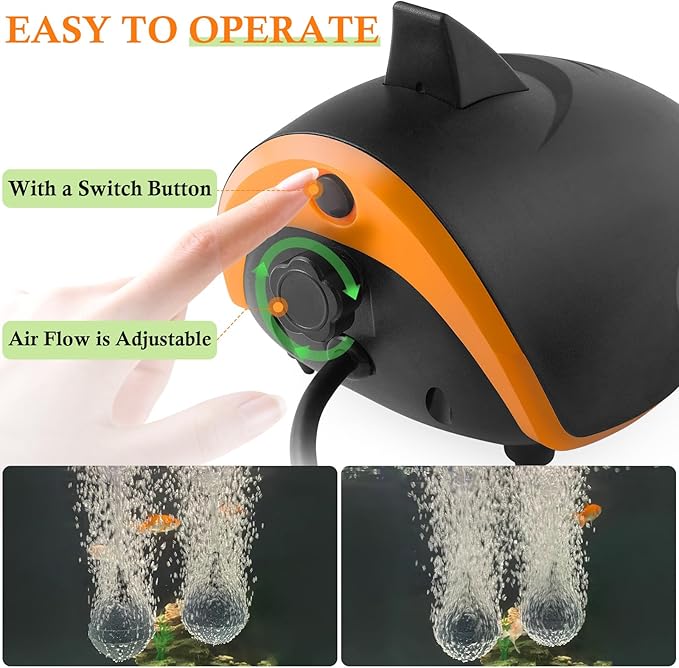 HITOP 4W 110GPH Powerful Aquarium Air Pump, Quiet 2-outlets Aquarium Aerator, Adjustable Fish Tank Air Pump with Accessories, for 20-200 Gallon Tank, with ON/Off Button