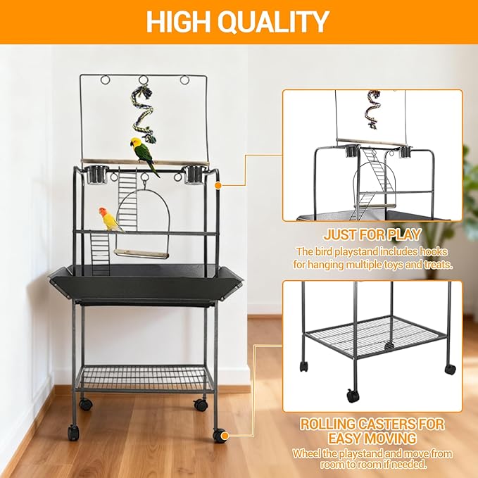 Small Parrot Playstand with Wheels, 62 Inch Bird Playstand, Bird Stand Activity Play Center with Perches and Ladders, Indoor Outdoor Playground for Birds with Swing Black Hammertone Finish