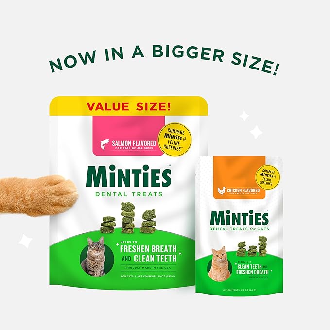 Minties Dental Treats for Cats, Salmon Flavored Treats for Cats, Freshens Breath and Controls Tartar, 2.5oz (Pack of 2)