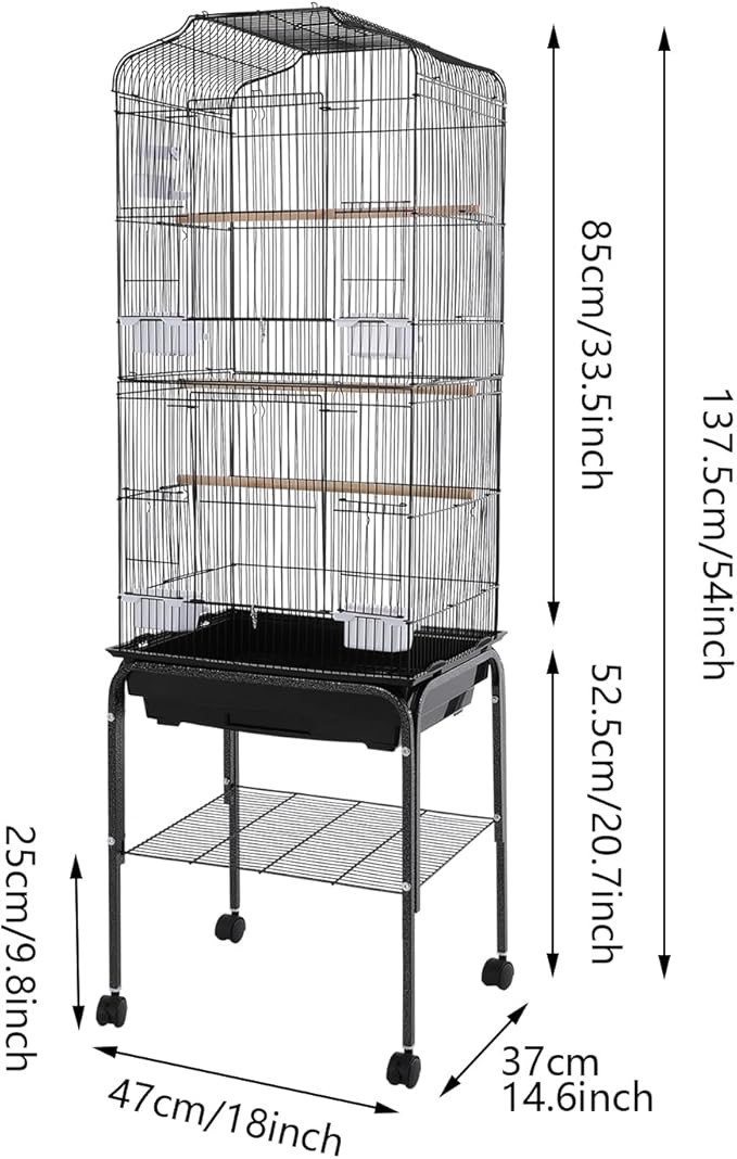 Large Bird Cage with Wheels, Budgie Cage with Bottom Storage Shelf, 54in Tall Bird Cages for Parakeets, Parrot, Cockatiel, Pull-Out Tray&Mesh Bottom (Black)