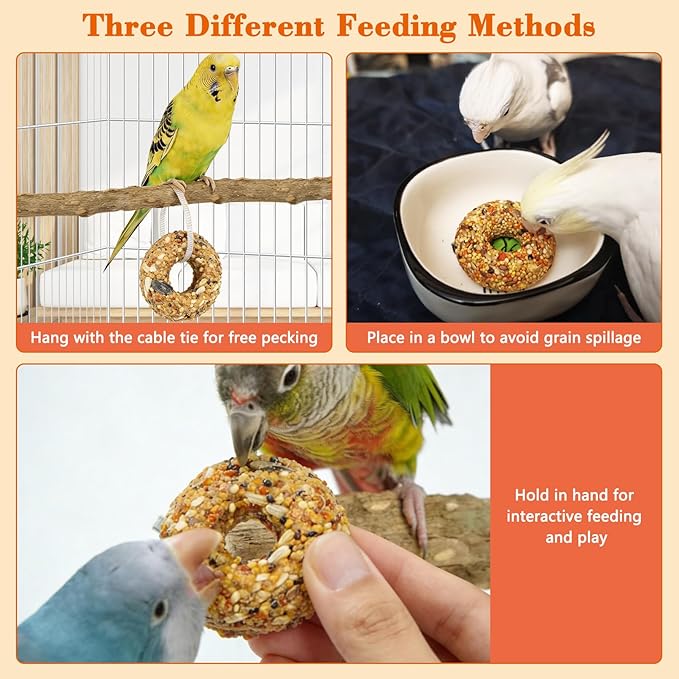 Fhiny Parakeet Treats, 4 PCS Donut Shaped Natural Grain Cockatiel Food with Fruits Vegetables Flowers and Herbs for Parrot Conure Lovebird Training Rewards and Beak Grinding