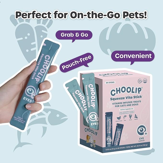 Choolip Squeeze Vita Stick Lickable Cat and Dog Treats, 49-Count Eye Support Variety Pack, Chicken and Tuna with Lutein, Omega-3 and Grapeseed Extract