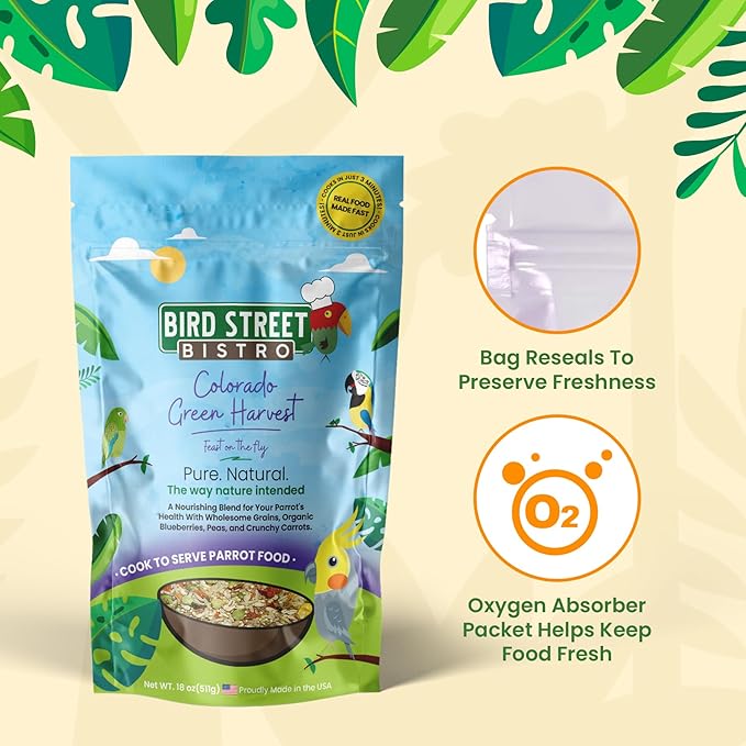 Bird Street Bistro Parrot Food for Parakeets & Cockatiels - Colorado Green Harvest - 18 oz - Cooks in 3-15 min, Natural Grains, Fruits & Vegetables - USA Made