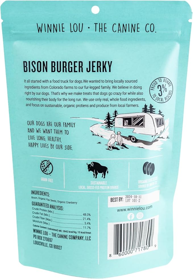 Winnie Lou Bison Burger Jerky Dog Treats – Limited Ingredient, Human Grade, Training Treats, USA Made, High Protein, Chews, Hypoallergenic, Sensative Stomach (2 Pack)