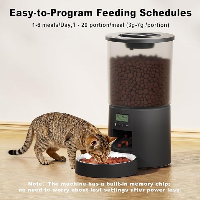 Automatic Cat Feeder 4.2L Cats,6 Meals/Day,Dual Power Portion Control Feeder,Dry Pet Food Auto Dispenser,Timer Setting,10S Voice Record (Transparent Black, Stainless Steel 2 Bowls)