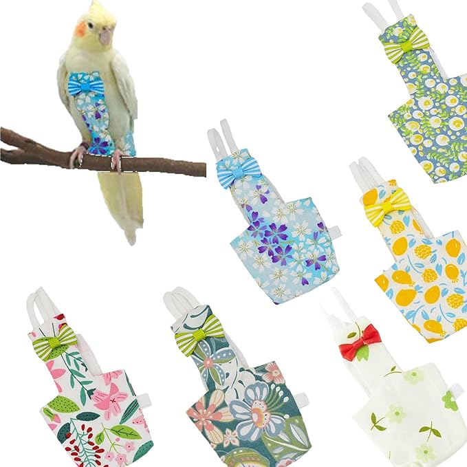 6-Piece Bird Diaper Set for Parrots, Reusable Protective Flight Suits with Waterproof Inner Layer, Washable Urine Wet Suit for Cockatiel, Parakeet, Budgie, and Small Birds(S)