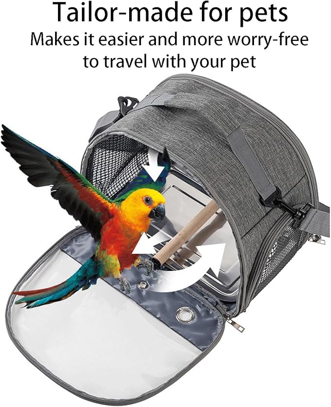 Portable Bird Cage Bird Carriers Foldable Panoramic View with Perch Removable Tray for Parrot Hamster Hedgehog Rabbit Sugar Glider (Black)