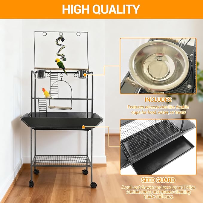 Small Parrot Playstand with Wheels, Bird Stand Activity Play Center with Perches and Ladders, Indoor Outdoor Playground for Birds with Swing Black Hammertone Finish
