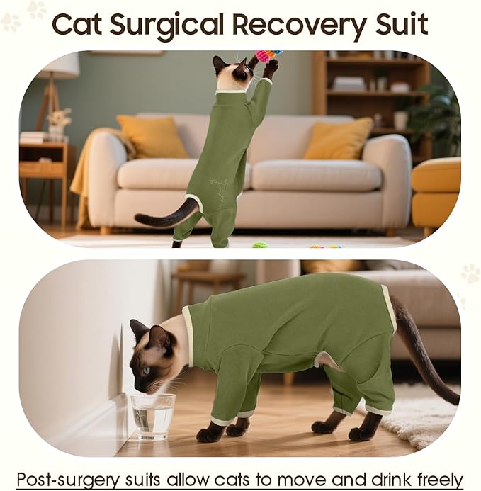DENTRUN Cat Clothes for Hair Control with Hair Sticky Fabric - Soft Recovery Suit & Breathable Lint-Resistant Cat Sweater for Cats Only, Kitten Onesie Pajamas, S, Army Green