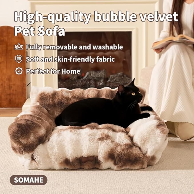 Cat Bed for Indoor Cats Dog Couch Cat Couch Bed Washable Dog Beds for Small Dogs & Cats with Removable Cover, Fluffy Pets Couch with Non-Slip Bottom 24"X18"X10"Coffee