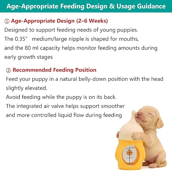 Puppy Nursing Bottle Medium/Large 80ml, Silicone Nipple Feeding Bottle for Newborn Puppies (2–6 Weeks), Pink