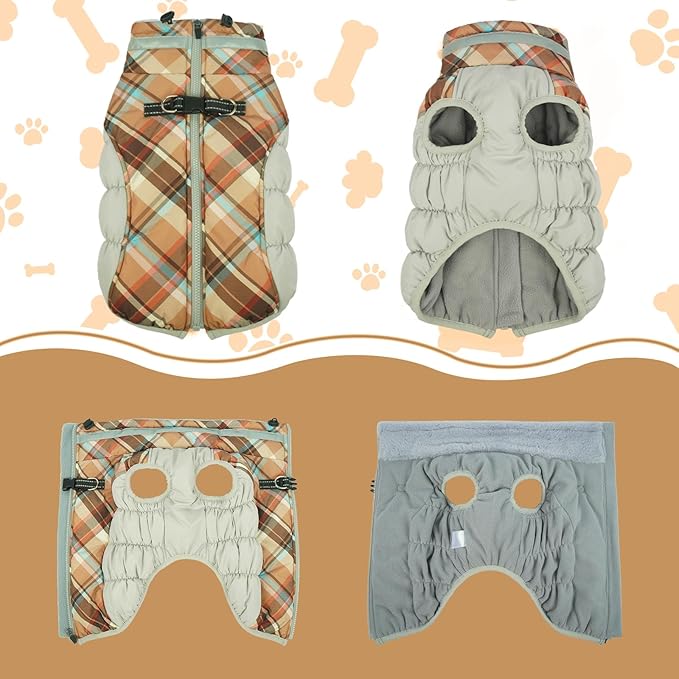 Lelepet Warm Dog Winter Coat Dog Coats for Large Dogs Waterproof Dogs Jacket with Harness Built in Reflective Cold Weather Coats Windproof Zip-Up Winter Fleece Vest Snowsuit Boxer Brown Plaid XL