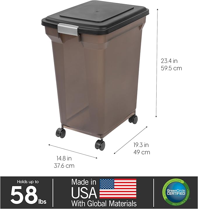 IRIS USA Dog Food Storage Container 58 lbs, Attachable Wheels, for Dog Cat Birds and other Pets, Food Storage Bin, Keep Fresh, Easy Mobility, BPA Free - Made in the USA, Black