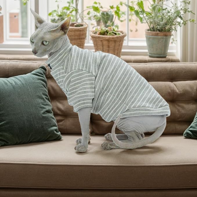 Sphynx Cat Sweater Hairless Cat Clothes Sweater Shirt Soft Warm Long Sleeves Pullover Pet Clothes Pajamas Dog Cloth for Small Dogs Jumpsuit Pet Sweaters (Striped, Small)