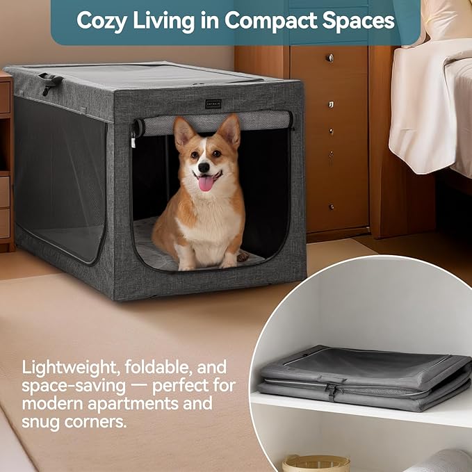 PETSFIT Portable Dog Crate for Medium Large Dogs, – 36" Soft Dog Travel Crates with Lockable Zippers & Thicken Mat, Adjustable Patented Spiral Steel Frame, Collapsible Kennel for Indoor & Outdoor