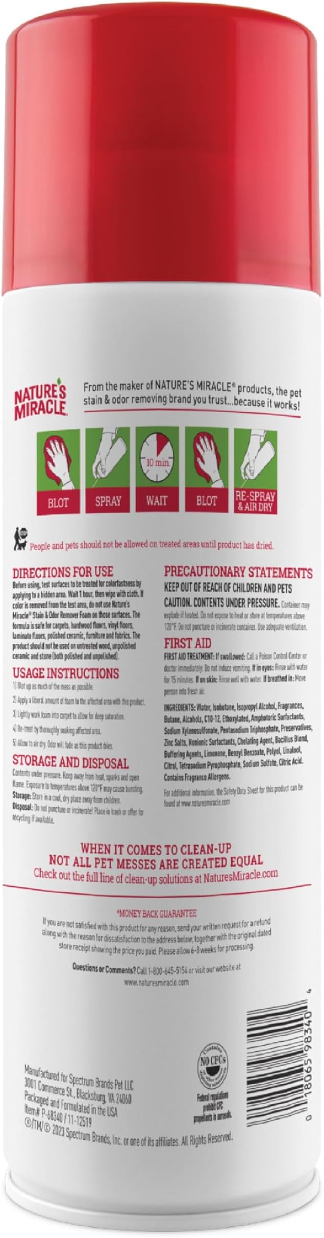 Nature's Miracle Stain & Odor Remover Foaming Aerosol For Dogs, 17.5 Oz (P-68340)