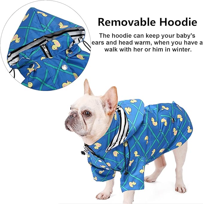 Dog Zip Up Raincoat with Reflective Buttons, Rain/Water Resistant, Adjustable Drawstring, Removable Hood, Raincoats with Legs 8lbs to 80lbs Available - Grid Blue - Large