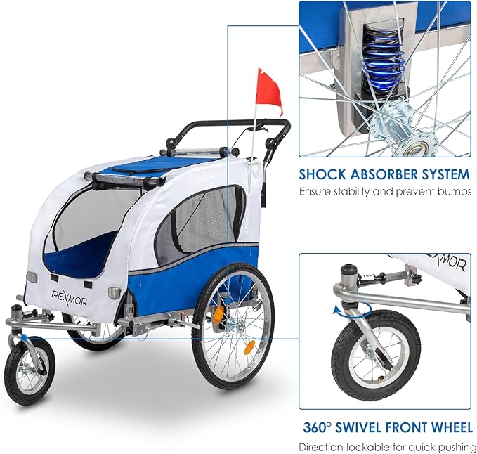 PEXMOR 2-in-1 Dog Bike Trailer & Stroller, Universal Hitch, Pet Cart Bike Wagon Cargo Carrier with Shock Absorber & Universal Wheel