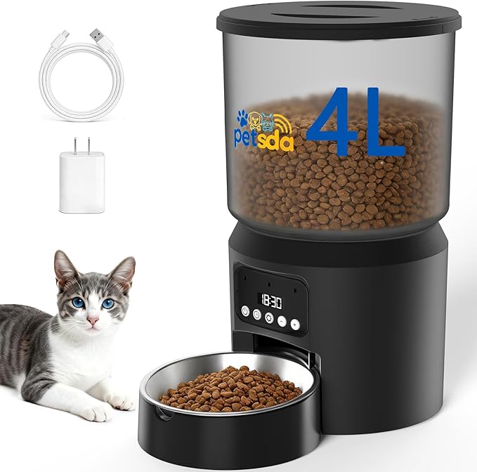 Automatic Cat Feeders, 4L Timed Cat Dry Food Dispenser Auto Pet Feeder for Cats and Small Dogs Dual Power Supply 9 Meals Programmable 1-15 Portion Per Day with Stainless Bowl Easy Clean