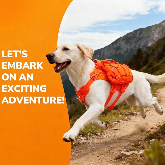 Medium Dog Harness Backpack, No Pull Adjustable Dog Vest with Handle & Leash Ring, Lightweight Dog Backpack with Side Pockets for Walking, Training & Day Hikes, Orange, M