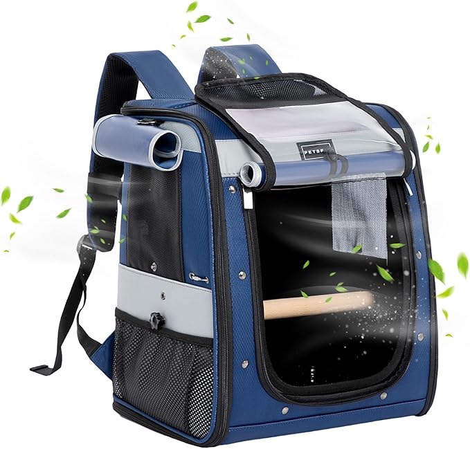 Petsfit Bird Carrier with Anti-Pecking Band,Bird Backpack Carrier with 2 Level Height to Adjust Standing Perch and Shade Cover Blue