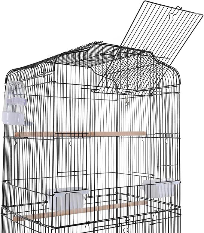 Bird Cage with Universal Wheels, Freestanding Parakeet Birdcage, Large Iron Flight Bird Cages 360° Full Hollow Design Pigeons Parrot, 18x15x54 Inch, with Feeding Bowls, Waterer (Black)