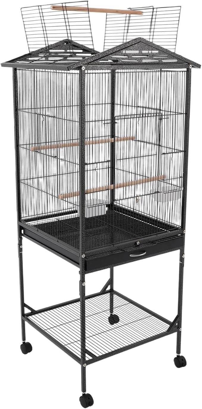 Large Heavy Duty Wrought Iron Bird Cage with Open Play Top Area & Rolling Stand, Spacious Flight Cage for Parrots, Parakeets, Cockatiels & Lovebirds (Black)