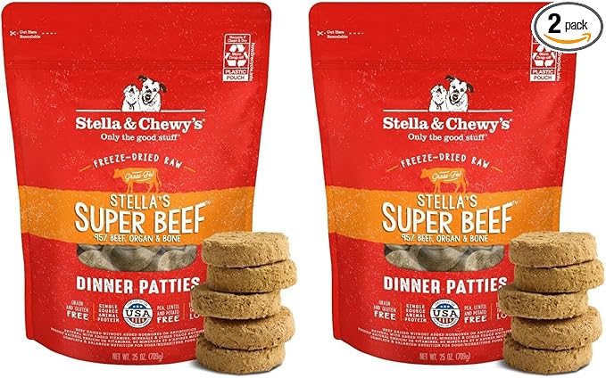 Stella & Chewy's Freeze-Dried Raw Dinner Patties - Beef Recipe - High Protein Grain-Free Puppy & Dog Food - Perfect for Picky Eaters - 25 oz,(Pack of 2)