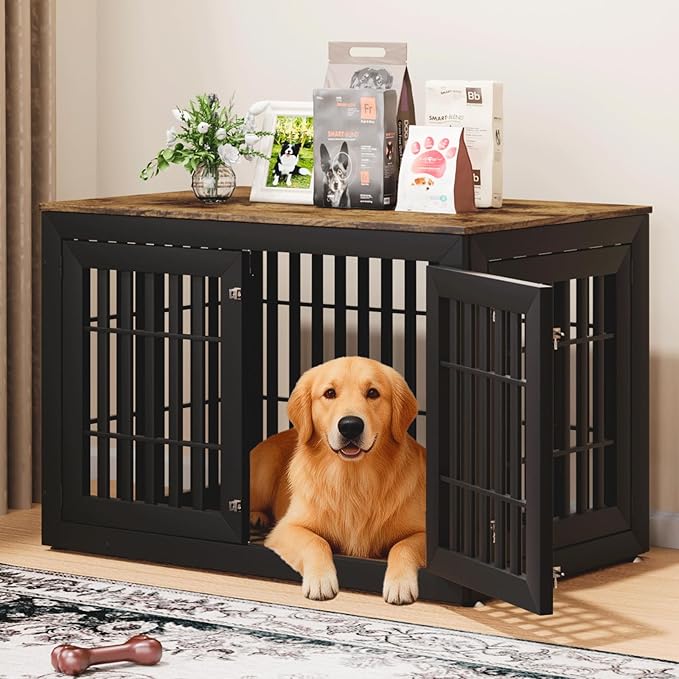 48" Heavy Duty Dog Crate Furniture for Small,Medium and Large Dogs,Rustic Wooden Dog Cage Kennel Indoor Furniture with Waterproof Top,Decorative Pet House Side End Table (Black & Wood)