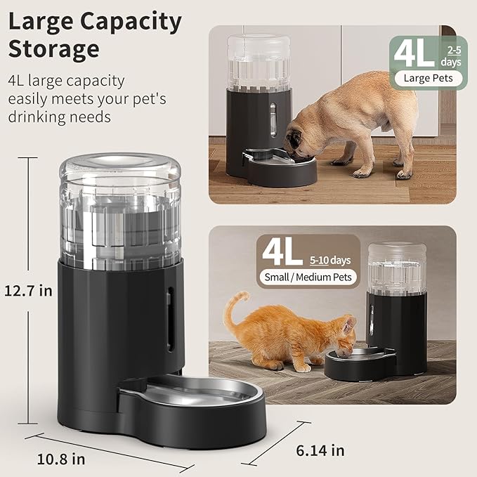 Cat Water Dispenser with Stainless Steel Bowl, Automatic Gravity Water Dispenser for Cats or Small Medium Size Dogs, Large Capacity, Easy to Clean and Safe for Pets (4L Black)