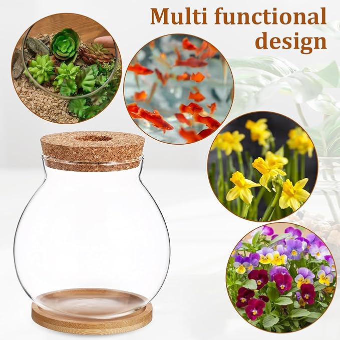 Balacoo Desktop Hydroponic Fish Bowl - Clear Glass Fish Tank with Bamboo Cushion and Wood Lid, Small Betta Fish Plants Terrarium for Home and Office Plant Decoration