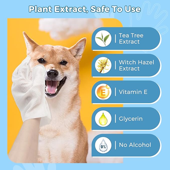 Vannon Portable Pet Bathing Wipes for Dogs & Cats, Cleaning & Odor-Controlling Extra Thick Grooming Glove Wipes for Daily Care and Traveling, Rinse Free, Nourish Fur, Individually Packaged, 20 PCS