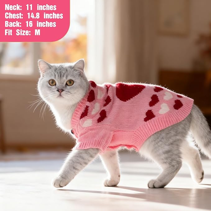 EXPAWLORER Cat Valentines Outfit Sweater Cardigan - Valentine's Day Knit Cat Clothes, Soft Puppy Sweater with Sleeve, Cute Warm Pet Clothing Knitwear, Kitten Coat for Girl Boy Cats, Love Heart S
