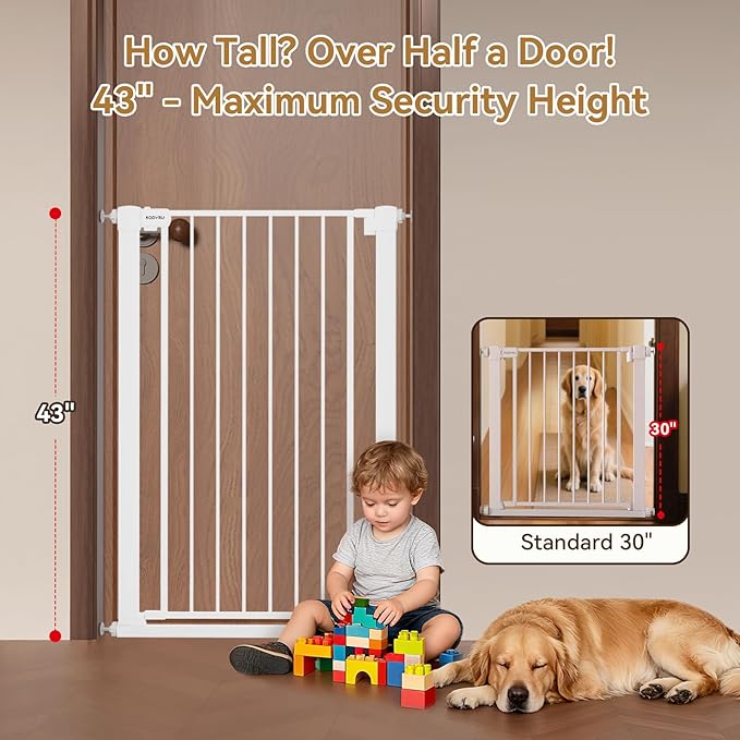 43 inch Tall Safety Dog Gate Adjustable 29.7-57 inch Extra-Wide Metal Pet Gate Drill-Free Pressure-Mount Installation kit Self-Closing Cat Gate for Stairwells、Doorways（White）