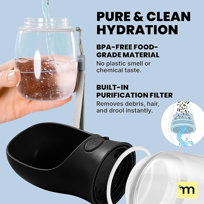 MalsiPree Dog Water Bottle - 19 Oz, Black, BPA-Free - Portable & Lightweight Water Dispenser with Bowl for Dogs - Leak-Proof & No-Waste Design for Travel