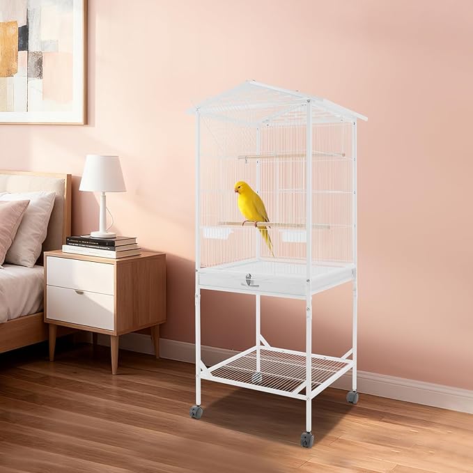 Large Bird Cage, Movable Pet Bird Flight Cages with Wheels 4 Feed Windows Slide-Out Tray, Panorama Bird Aviary 18.11x18.11x49.21in for Parrot, Parakeets, Budgerigars(White Style2)