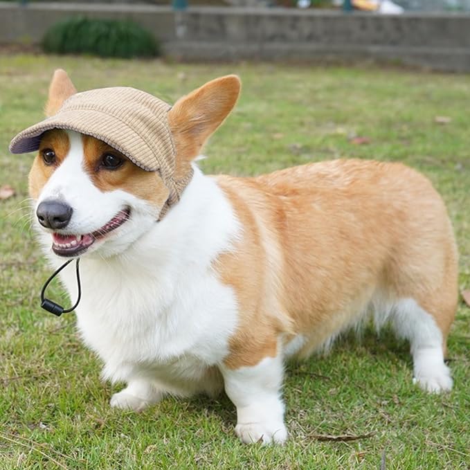 Dog Baseball Cap, Dog Cat Summer Beach Visor Hat with Ear Holes, Adjustable Puppy Sunbonnet Headdress (Khaki, Small)