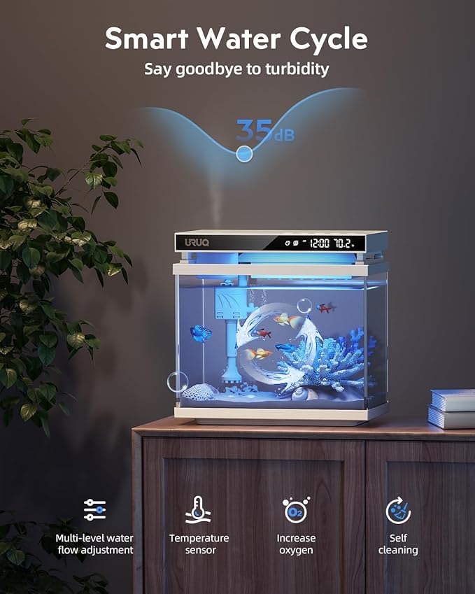 Fish Tank Smart Aquarium Kit: 2 Gal UHD Glass Silent Water Pump Self Cleaning System Temperature Monitoring Essential Oil Diffuser with Humidifier 7 Color Lights Multi-Layer Filtration System - White