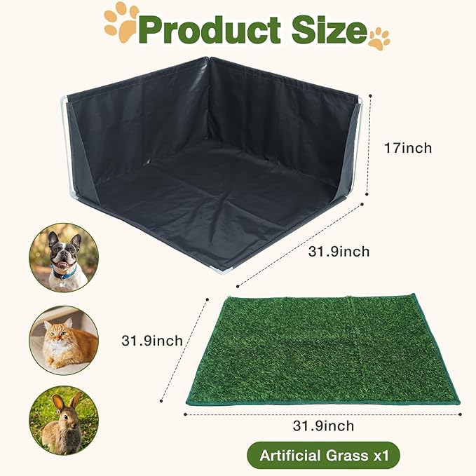 32" x 32" x 17" Dog Litter Box with High Walls with Artificial Grass Hemmed Edge, Portable Dog Potty Tray Large Puppy Potty Training Pad Tray Pet Toilet for Small Medium Dogs