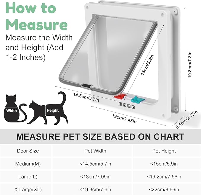 Cat Door- 4-Way Locking Option, Weatherproof & Secure Cat Flap with Easy Installation Kit for Interior/Exterior Doors and Walls (M)