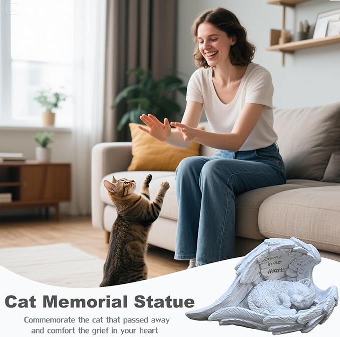 VEEKI Cat Memorial Gifts for Loss of Cat, Peaceful Sleeping Solar Angel Cat Statue Outdoor Waterproof, Resin Cat Figurine Pet Memorial Stone for Garden Grave Markers, Loss of Pet Sympathy Gift (Cat)