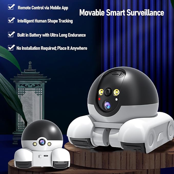 Pomya Home Camera Robot on Wheels, 1080P Double Lens Movable Pet Camera, App Remote Control, One Key Following Shots, Two Way Talking for Family Use