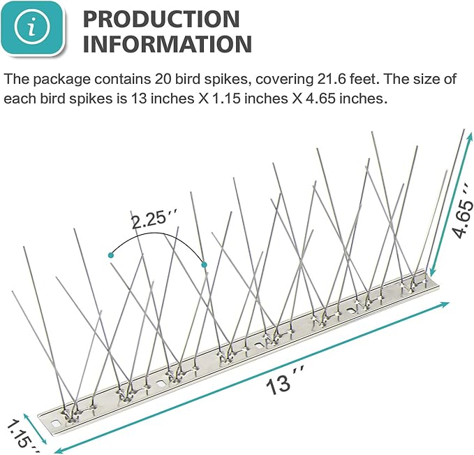KKY Bird Spikes Stainless Steel Base, Metal Bird Repellent Nail Fence kit, can be Used to Stop Pigeons and Other Small Birds, Covering 21.6 feet 20 Packs