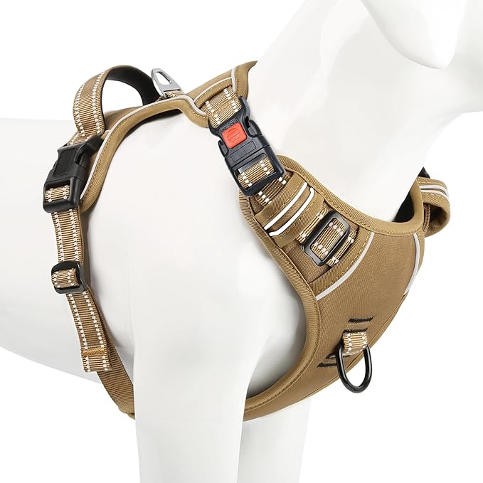 Timos Dog Harness Large Sized, No Pull Pet Harness with Neck Lockable Snap,No Choke Front Clip Dog Reflective Vest,Adjustable Metal Rings 3 Buckles,Easy Control Handle for Large Dogs Khaki XL
