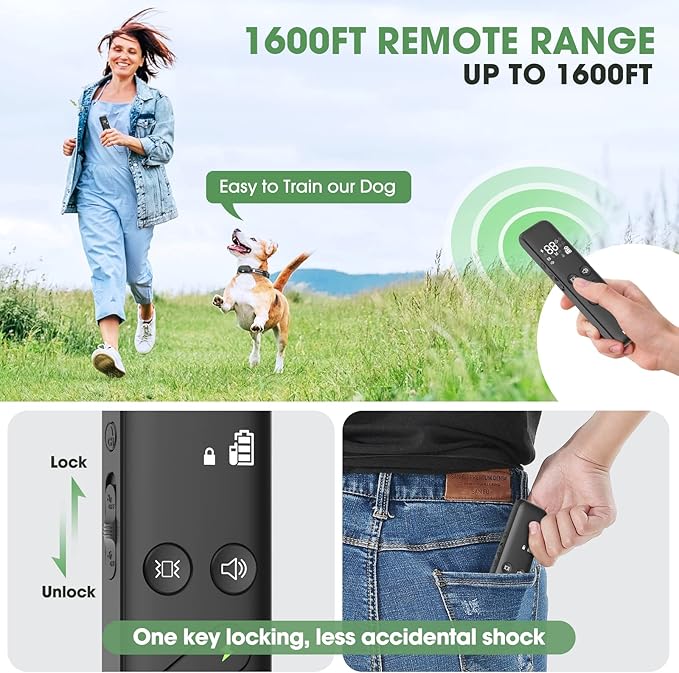 Delupet Dog Shock Collar - Electric Dog Training Collar with Remote 1600FT, Rechargeable E-Collar Waterproof Collars with 3 Training Modes, Security Lock for All Breeds, Sizes